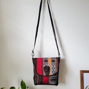 VINTAGE TRIBAL WOVEN AND GENUINE LEATHER CROSSBODY BAG
